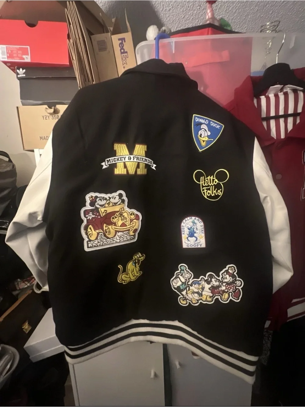 Men's Black and White Mickey Varsity Bomber Jacket